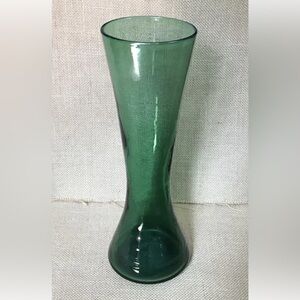 Tall Green Handblown Glass Hourglass Fluted Vase  10 1/2 Inches Goblin Core